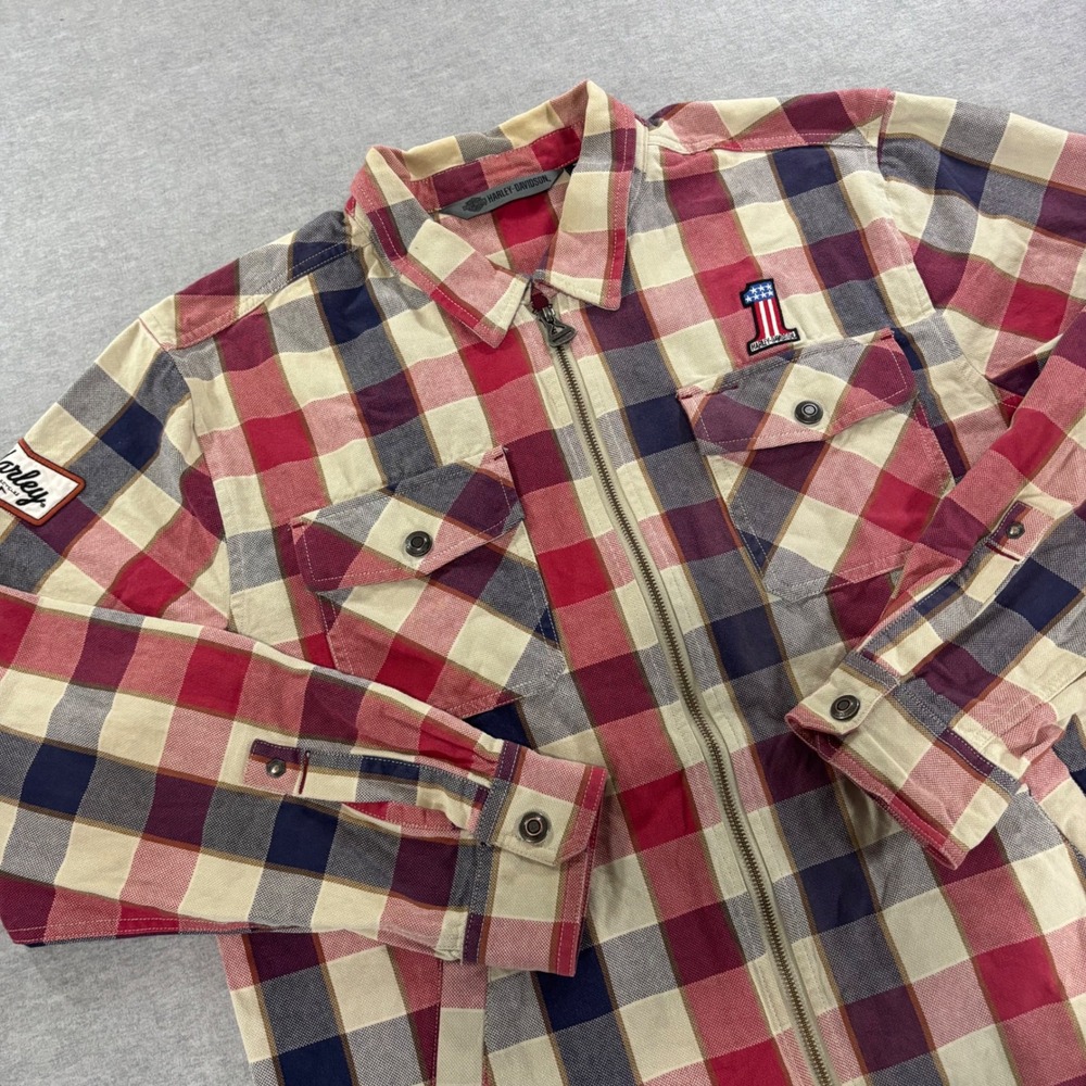 Harley-Davidson Mens Slim XL Plaid Zip Up Shirt Jacket Red Blue Cotton Flannel
